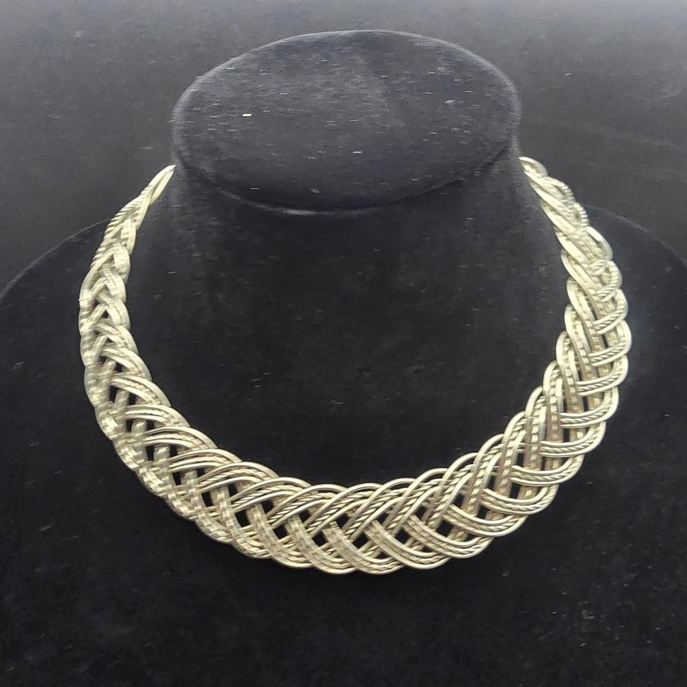 Silver Tone Braided Wire Collar Necklace Vintage Costume Jewelry